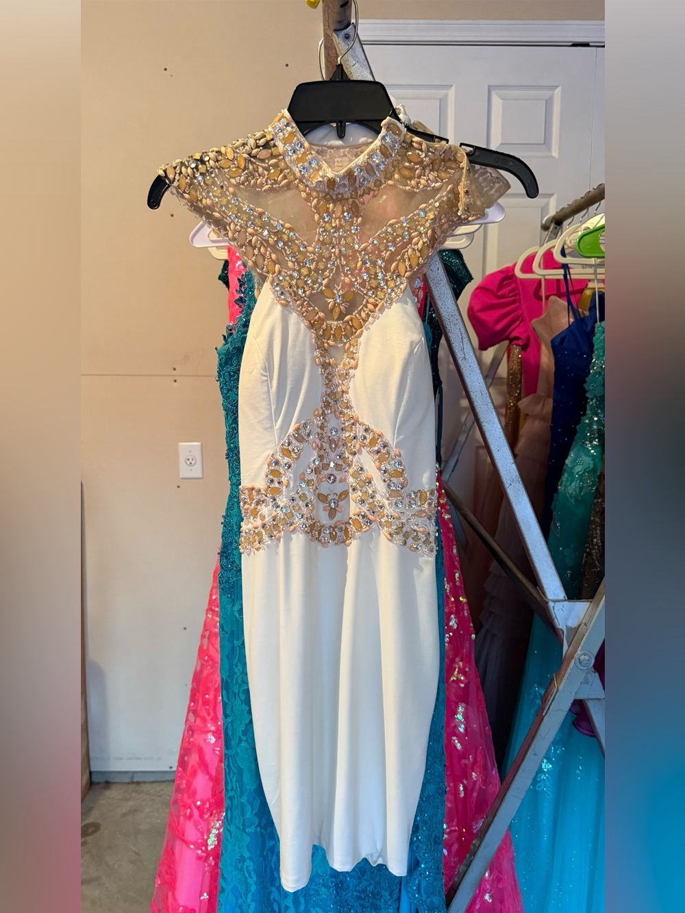 Rachel Allan Ivory Dress with Gold Crystal Detail